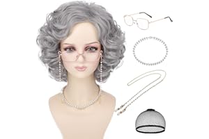 Tereshar Old Lady Costume Wig and Accessories 5pcs Set for Women Grey Curly Granny Wigs Heat Resistant Grandma Wigs for 100 Days of School Cosplay Party Halloween Or Fun