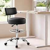 SONGMICS Drafting Chair with Backrest, Height Rolling Stool, PU Leather | Adjustable Height Swivel Stool, Shop Stool with Wheels for Office Kitchen Counters Home Work, Black, UOBN048B201S