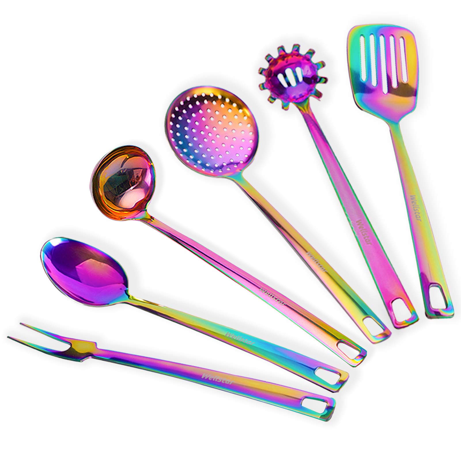 Stainless Steel Kitchen Utensil Set,WELLSTAR Utensil Set 6 Piece, Cooking Rainbow Utensil Set,Cooking Turner Set,Fork,Slotted Spatula,Slotted Spoon,Spaghetti Server,Serving Spoon,Soup Ladle