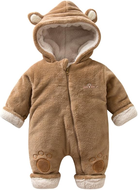 Amazon Co Jp Famuka 新生児 服 冬 カバーオール ジャンプスーツ 防寒 暖かお出かけ 耳付きカバーオール ふわふわ もこもこ アウターコート 冬 オクルミ ベビー冬物 ベビー服 くまちゃん 出産祝い ギフト プレ ブラウン 6 9m 服 ファッション小物