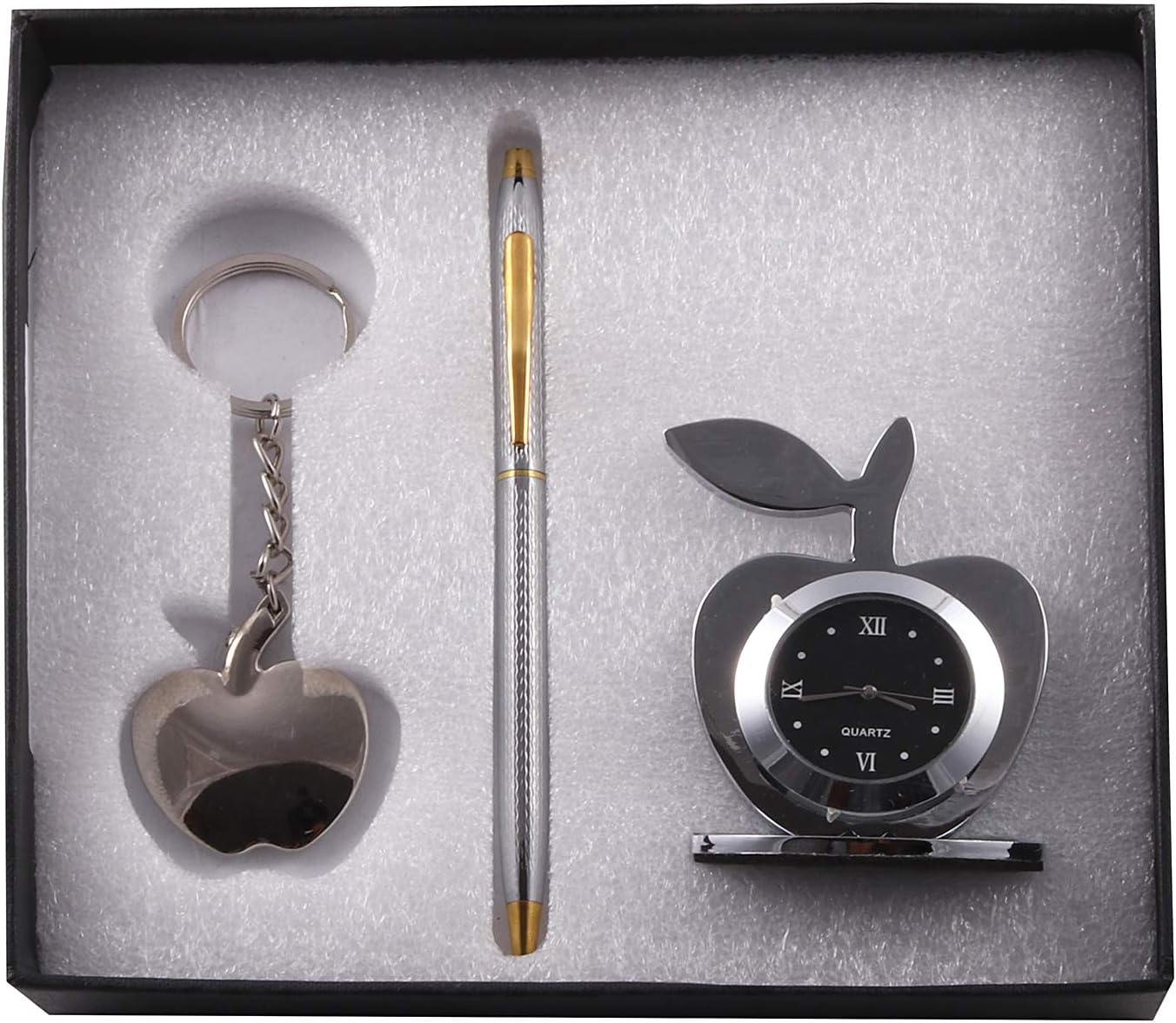 Lavanaya Silver 3 in 1 Corporate Gift Set with Apple Clock, Crystal Pen, , Apple Key Ring