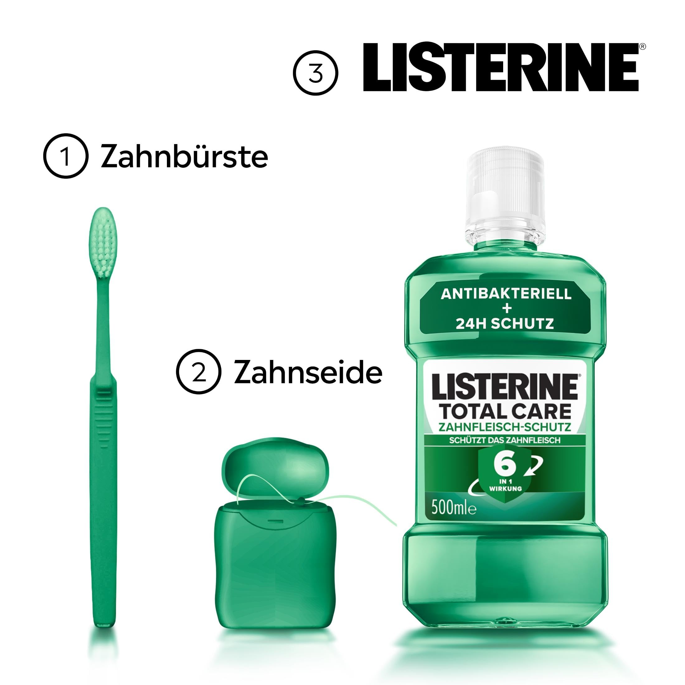 LISTERINE Total Care Zahnfleisch-Schutz 6 x 500 ml, schützende Mundspülung gegen Zahnfleischprobleme mit 6 in 1 Wirkung, antibakterielles Mundwasser stärkt die Zähne, bis zu 24h frischer Atem 5