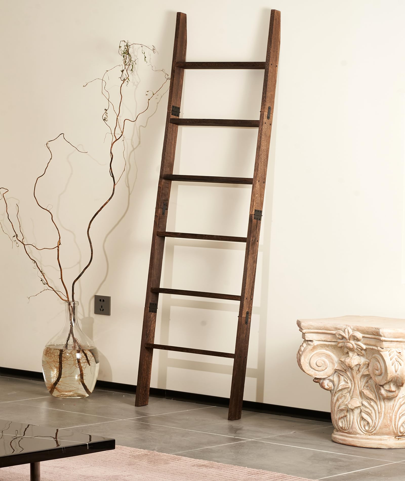 Photo 1 of Blanket Ladder for the Living Room 6-Tier, Wooden Decorative Quilt Holder for Bed room, Wall-Leaning Towel Rack for Bathroom?Rustic Farmhouse Ladders for Display. (Dark Brown)
