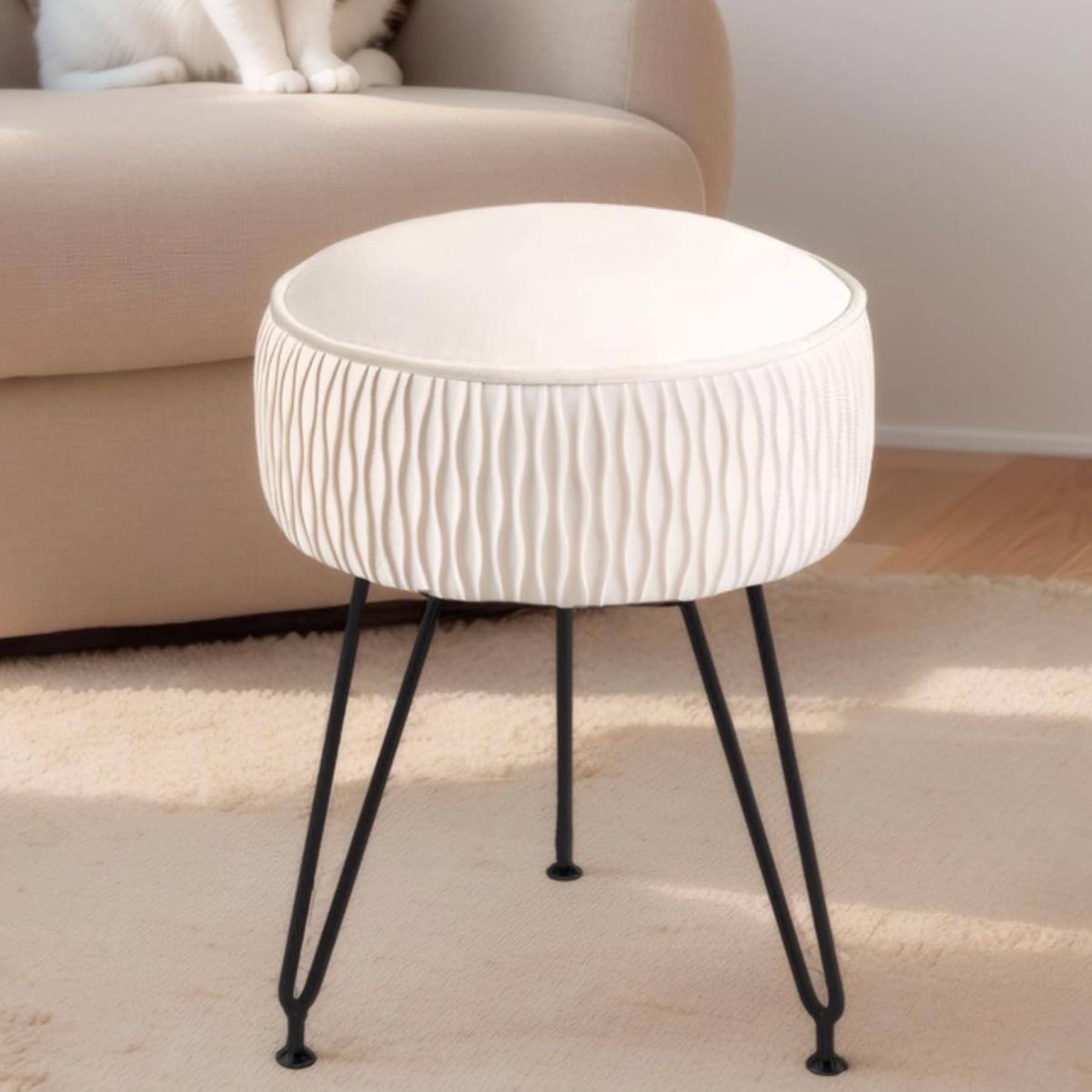 Photo 1 of MOOWIND Velvet Vanity Stool Footrests, Round Ottoman Vanity Chairs with Anti-Slip Feet, Dressing Table Seat Foot Stool with Black Legs, Furry Padded Seat Side Table for Makeup Bedroom, White