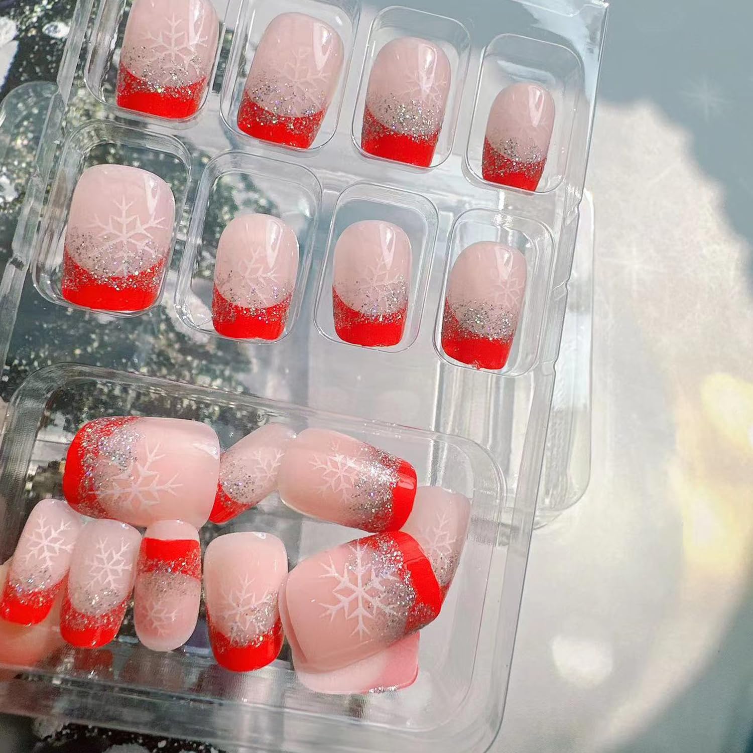 Christmas Press on Nails Short Square with French Glitter Design,Snowflake Fake Nails Red Glossy Sparkly Silver Xmas Nail White Snow Full Cover Glue on Nails False Nail Winter Stick on Nails for Women - Image 5