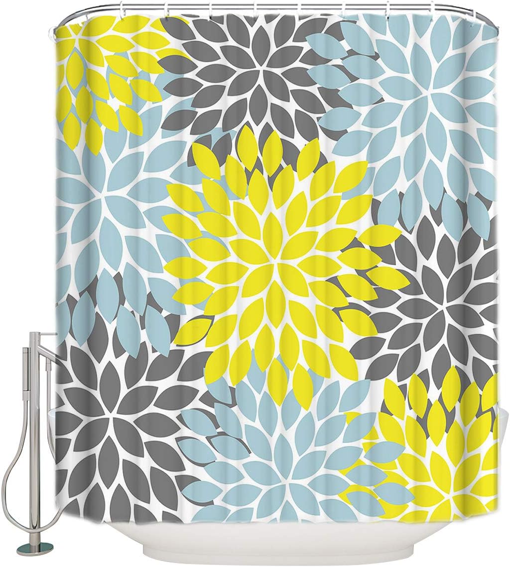 SIMIGREE Extra Long Fabric Bath Shower Curtains Multicolor Dahlia Pinnata Flower Floral Pattern Customized Bathroom Decor Sets with Hooks 72" x 72"