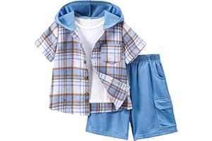 Fdqin Boys Clothes Shorts Sets Plaid Short Sleeve Hooded Button Shirt and Jogger Shorts for Kids Summer Outfits