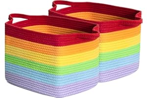 Poschnor 2 Pack Rainbow Cotton Rope Baskets, 15''X10''X9'' Storage Basket with Handles, Toy Basket Bins, Gift Basket Empty, Blanket Basket, for Living Room, Bedroom, Laundry, Nursery.
