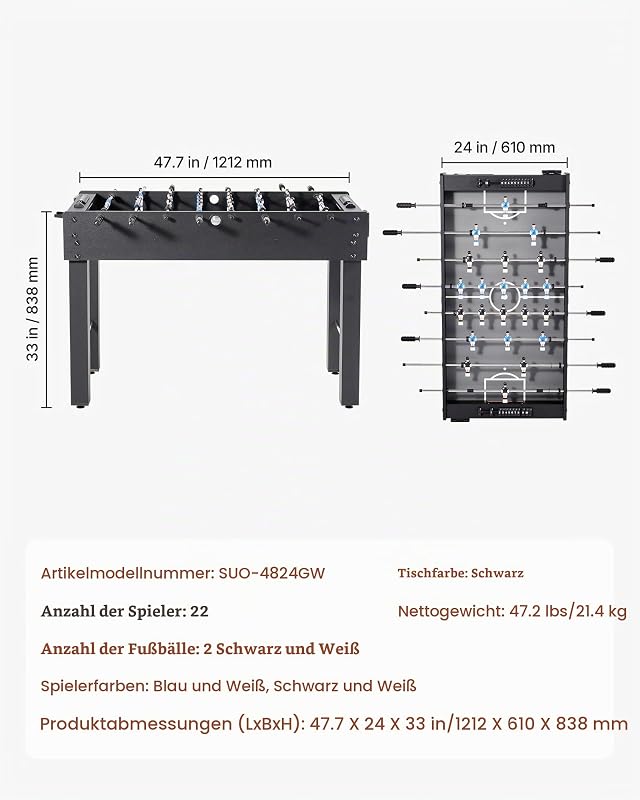 Tischfußballtisch in Standardgröße (1212 x 610 x 838 mm), Indoor-Kickertisch für Zuhause, Familie und Spielzimmer, langlebiges Set, inkl. 2 Bällen & Punktezähler & 2 Getränkehaltern