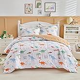 Joyreap Cotton Comforter Set Queen, Colorful Dinosaurs Orange n White Design, 3pcs Kids Bedding Set for All Season- 88x88 inches