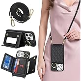 DEYHU for iPhone 14 Pro Max Case with Card Holder and Strap for Women,Crossbody Lanyard, Make Up Mirror,Ring Stand,Snap Clasp,Cute Phone Wallet Cases 6.7 inch - Black