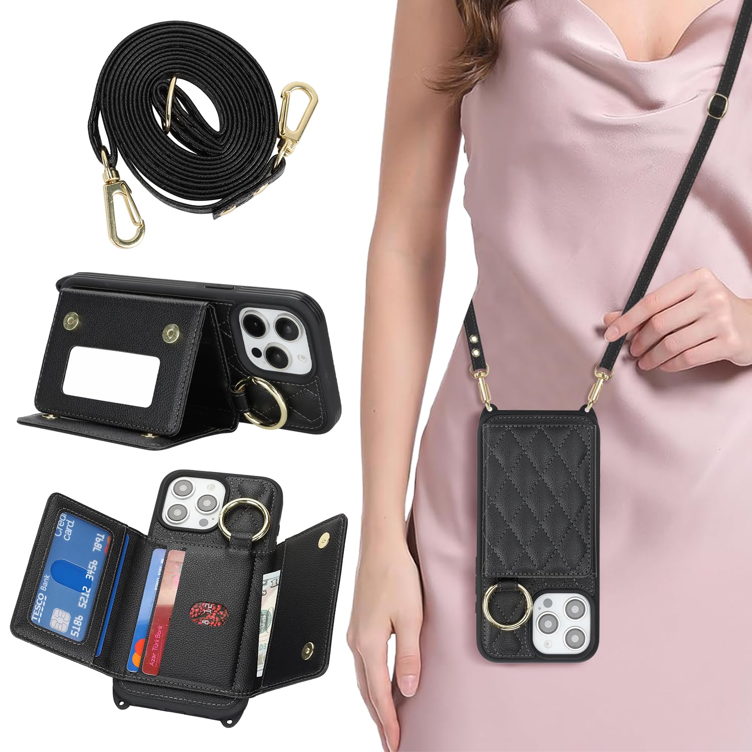DEYHU for iPhone 15 Pro Max Case with Card Holder and Strap for Women,Crossbody Lanyard, Make Up Mirror,Ring Stand,Snap Clasp,Cute Phone Wallet Cases 6.7 inch - Black