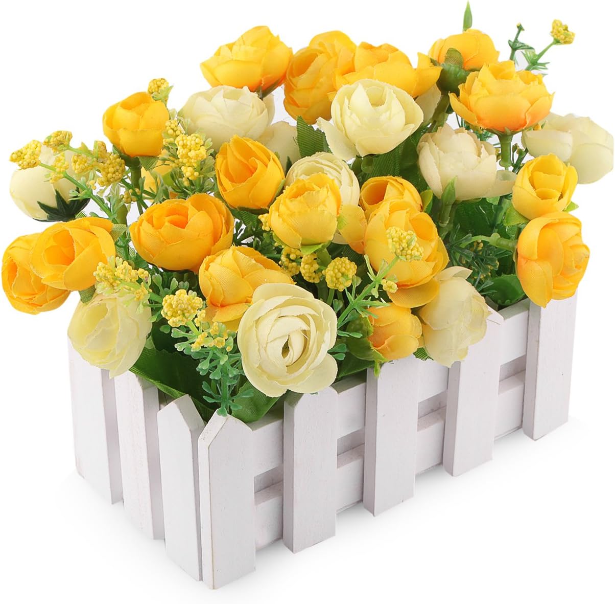 Louis Garden Artificial Flowers Fake Rose in Picket Fence Pot Pack - Mini Potted Plant (Yellow)