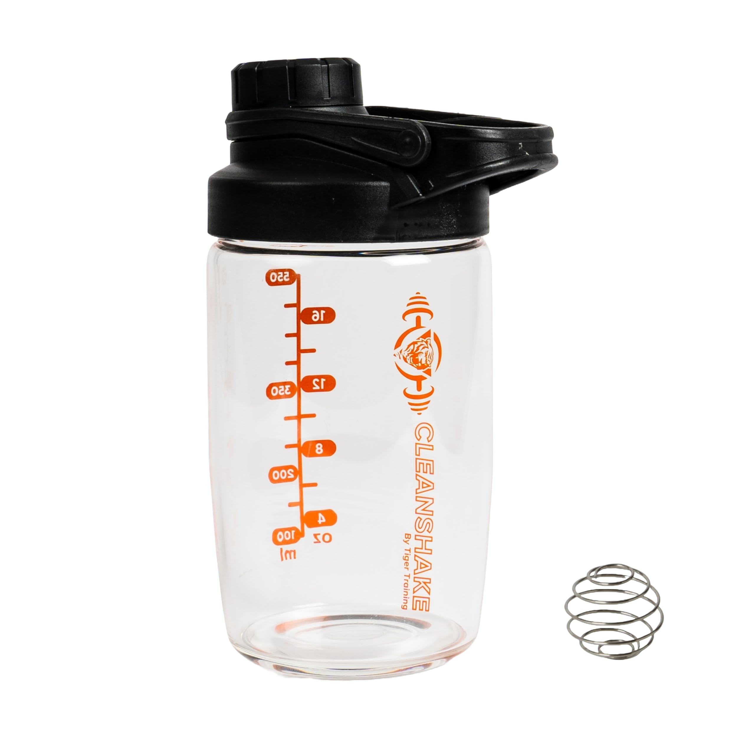 Tiger Training Cleanshake the Original Odor Free Glass Protein Shaker Bottle 700ml - Dishwasher Safe - No More Bad Smells - Easy Clean - Mixer Ball Included - BPA Free - Matt Black and Orange