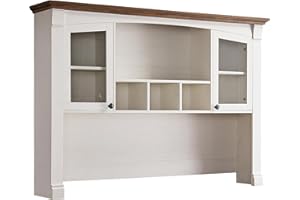 OKD Farmhouse Hutch for 60" Executive Desk, Office Desk Storage Cabinet with Glass Doors and Shelves, Top Hutch Organizer for Home Office - Antique White