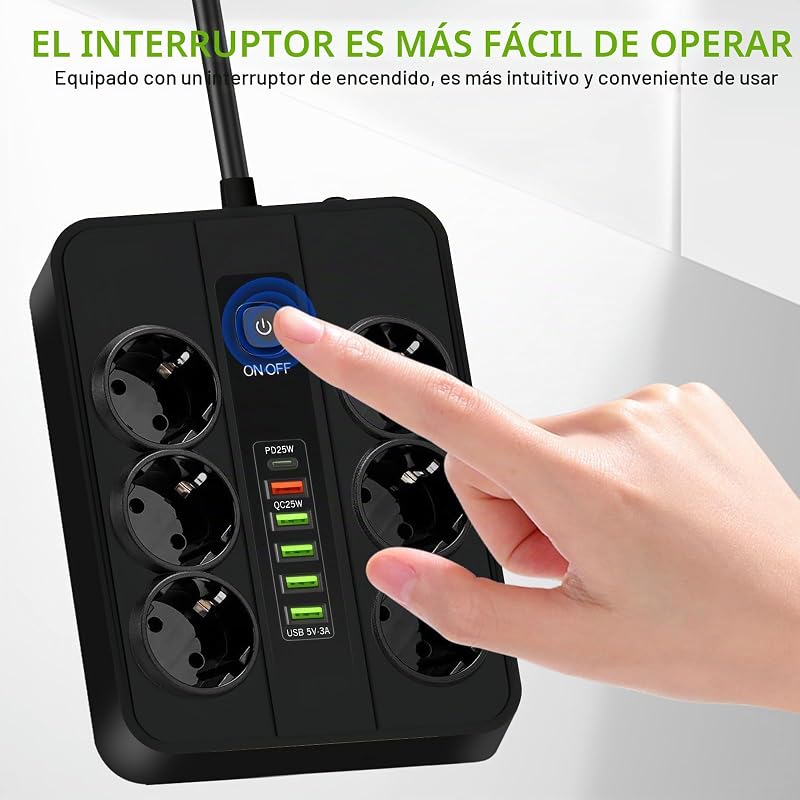 Fita USB-C Preta: Régua de alimentação USB ABS de cobre de 2m com 5 USB A e 1 porta de carregamento rápido Tipo C, Múltiplas Tomadas para Casa, Escritório e Sala de Estar, Preto — foto 7 de 7