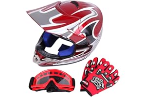 Sange DOT Youth Kids Offroad Helmet Motocross Helmet Dirt Bike ATV Motorcycle Helmet Gloves Goggles Compliant with FMVSS 218(Red, Medium)