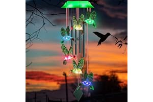 Solar Wind Chimes for Outside - 37" WANQDG 6 LED Hummingbird Color Changing Wind Chime with 4 Green Metal Tube, Music Wind Chimes Great as a Gift for Women mom Grandma Best Friends' Birthday Gift
