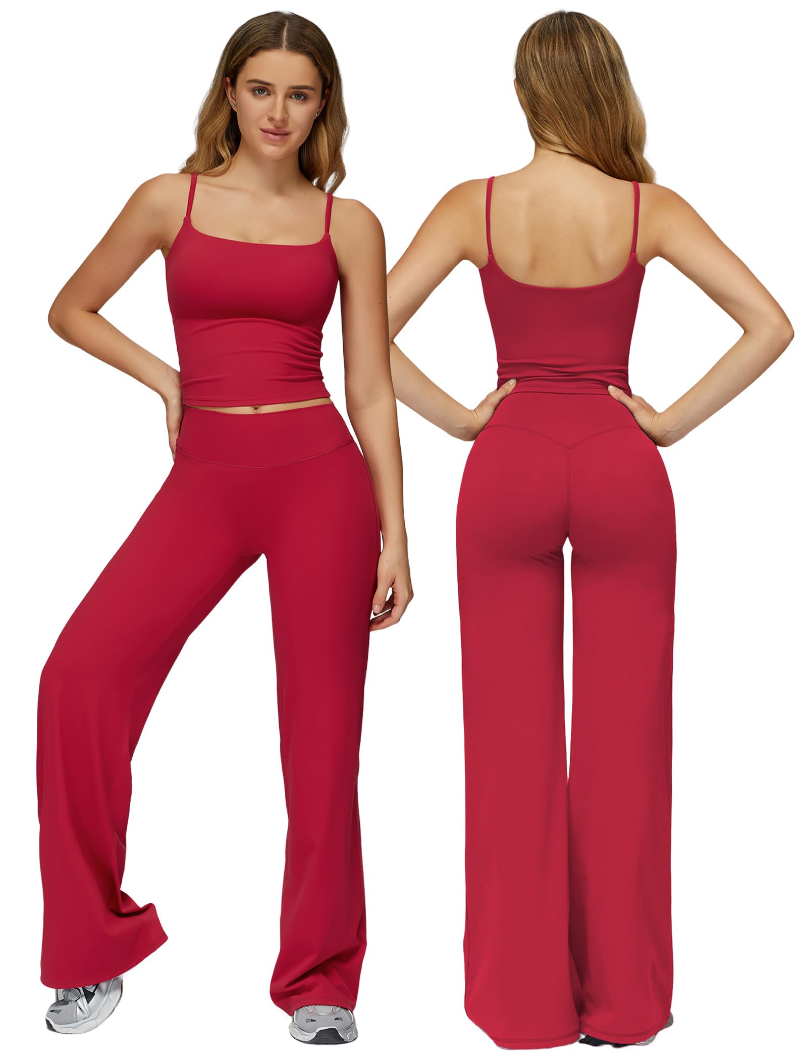 Photo 1 of 2 Piece Workout Sets for Women Spaghetti Straps U Backless Crop Tank Tops Matching High Waist Straight Wide Leg Leggings Womens Two Piece Athletic Set Gym Wear Active Yoga Pilates Outfits Red XL
