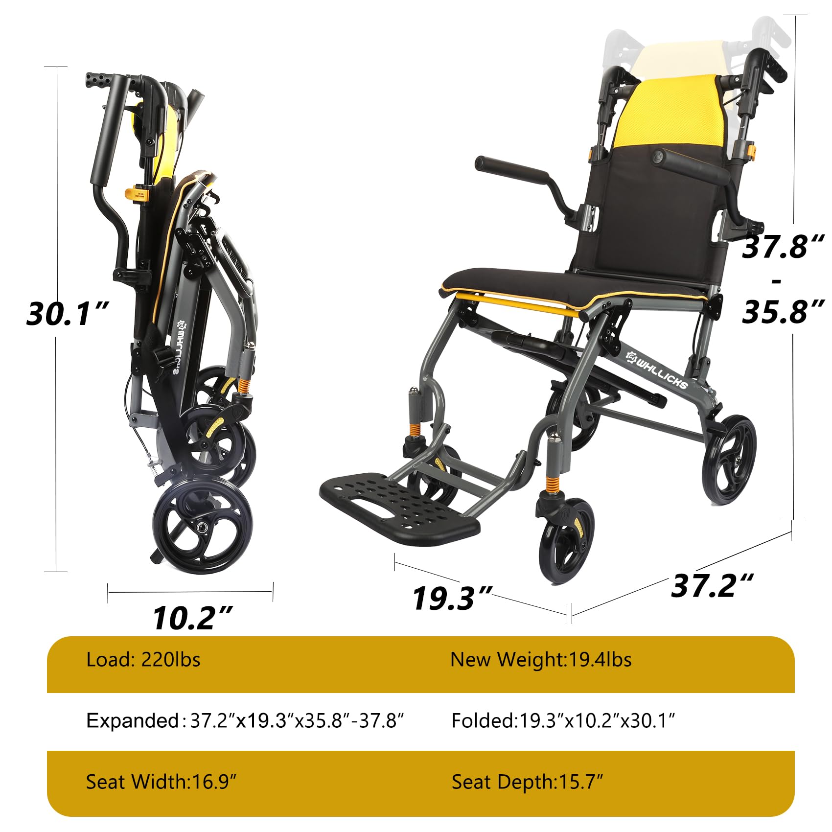 Wheelchairs for Adults Transport Chair Lightweight Foldable with Telescopic Handle, 19.4lbs Portable Folding Travel Wheel Chairs for Seniors