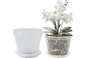 lanccona Orchid Pot, 8 Inch 4 Pack Orchid Pots with Holes and Saucers, Clear Plastic Orchid Pots