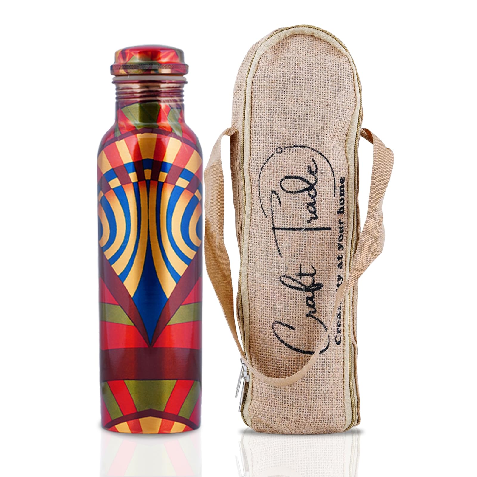 Craft Trade Printed Copper Water Bottle Pure Copper Bottle with Lid and Carry Bag Leak Proof BPA Free Drinking Bottle for Sport Fitness and Yoga - 1 Litre Red