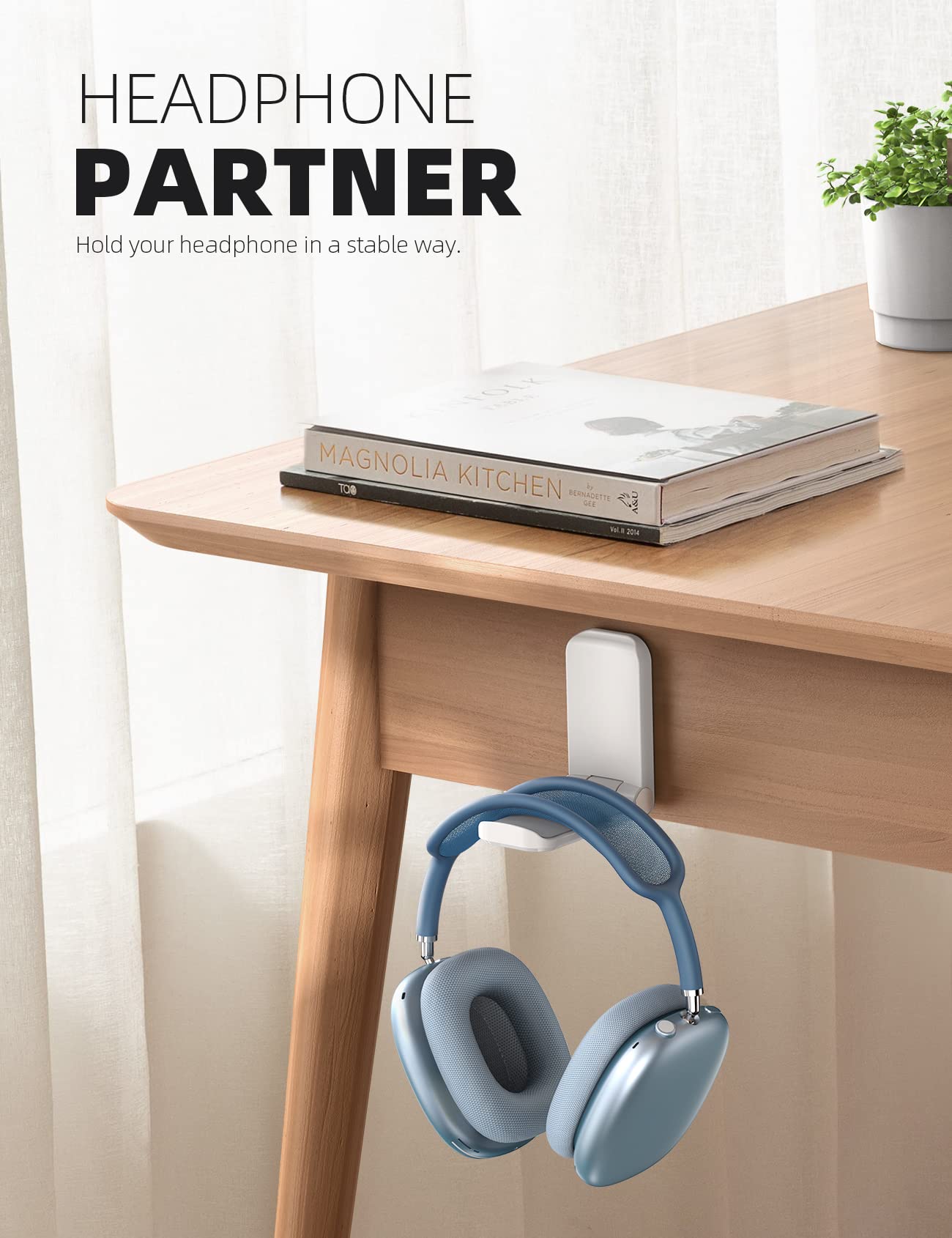 Lamicall Headphone Stand, Sticky Headset Hanger - 2 Pack Adhesive Headphone Holder Hook Mount, Headset Holder Clip Under Desk, Earphone Clamp for Airpods Max, HyperX, Sennheiser, White