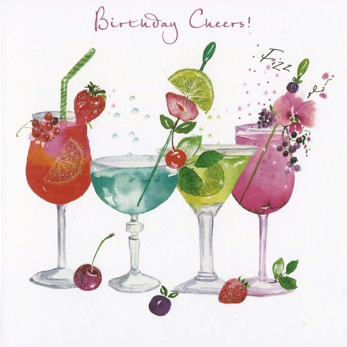 Greeting Card (NQ0263) Female Birthday - Cocktails - Birthday Cheers - Flittered Finish