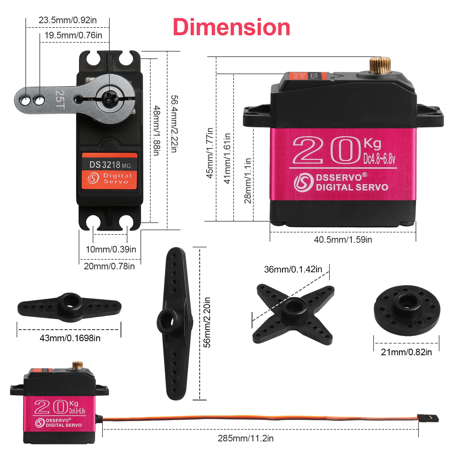 20KG RC Servo High Torque Servo Motors, Waterproof Full Metal Gear Steering Servo with 25T for 1/6 1/8 1/10 1/12 RC Car Robot DIY, Digital Servo with 25T Servo Horn, Control Angle 270°