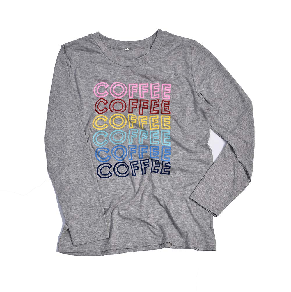 Ido4U Funny T Shirts Cute Round Neck Tunic Casual Long Sleeve Color Letter Printed Graphic Tees Top(Coffee-Grey, S)