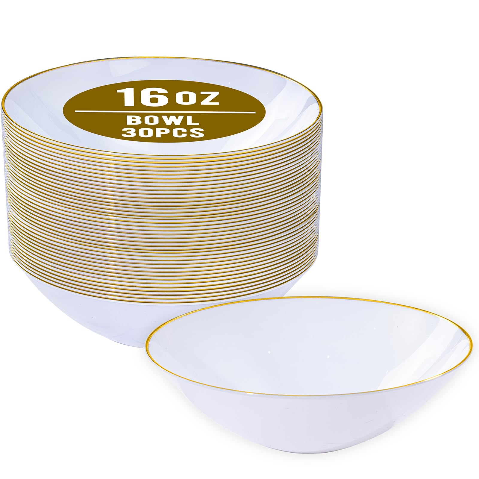 Photo 1 of ** DAMAGE ONE ** I00000 16 Oz 30 Count White Disposable Soup Bowls with Gold Rim Plastic Bowls Disposable Premium Heavyweight Elegant Plastic Salad Bowl for Thanksgiving, Parties, Weddings
