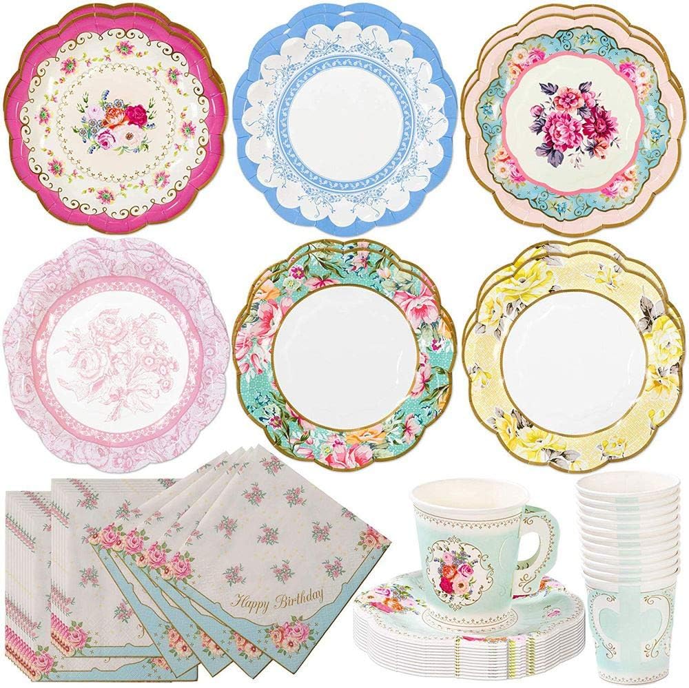 Truly Scrumptious Tea Party Bundle | Vintage Floral Paper Tea Cups and Saucer Sets 12 | Happy Birthday Floral Paper Napkins 20 Pack | Vintage Floral Small Paper Plates 12