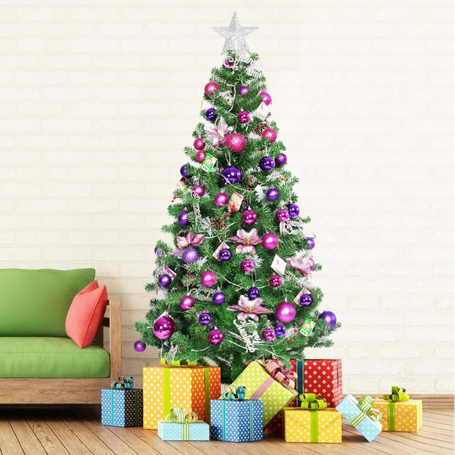 1.5m 4.9ft Artificial Christmas Tree,Xmas Tree with Ornaments,Metal