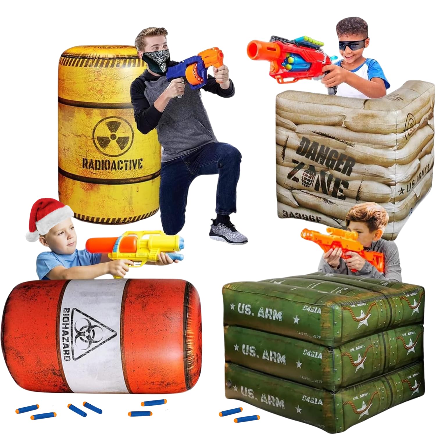 Photo 1 of NINOSTAR Premium Package 4 Combat Battlefield Inflatables, Compatible with Nerf, Laser tag, Water Gun for Boys Birthday Party Activities and Decoration