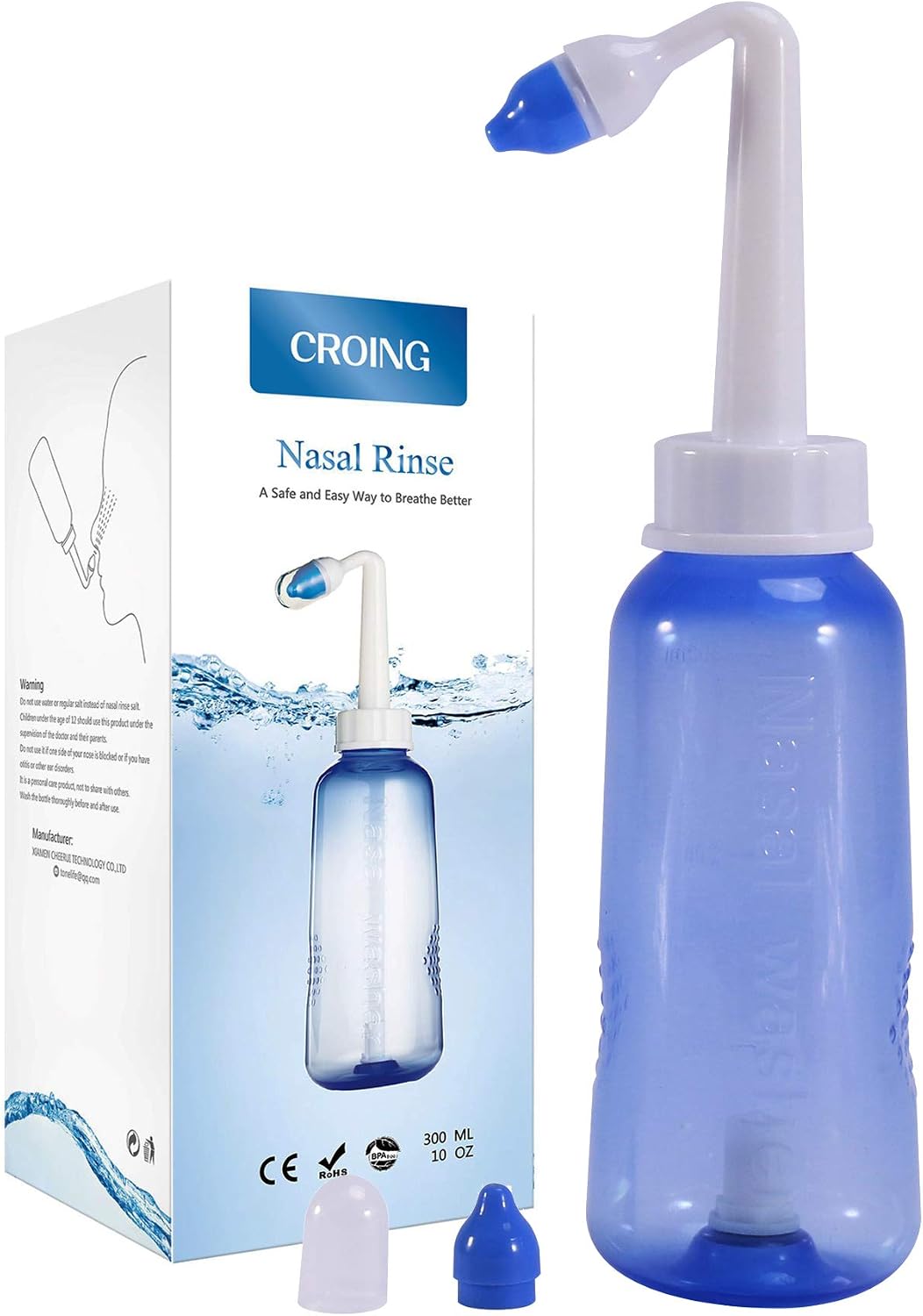 CROING 300ml Nasal Wash Bottle for Nasal Irrigation - Sinus Rinse , Neti Pot, White, Blue