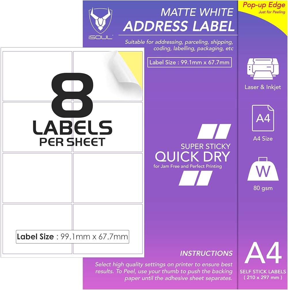 iSOUL 8 Labels Per A4 Sheet 400 Labels 50 Sheets Matte Self-Adhesive