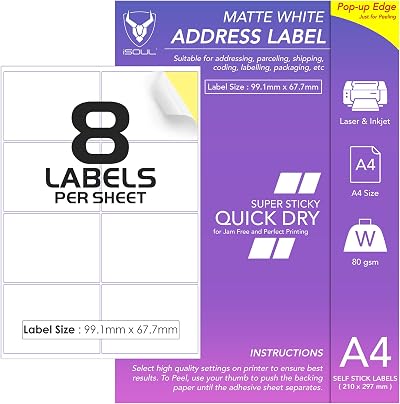 iSOUL 8 Labels Per A4 Sheet 400 Labels 50 Sheets Matte Self-Adhesive