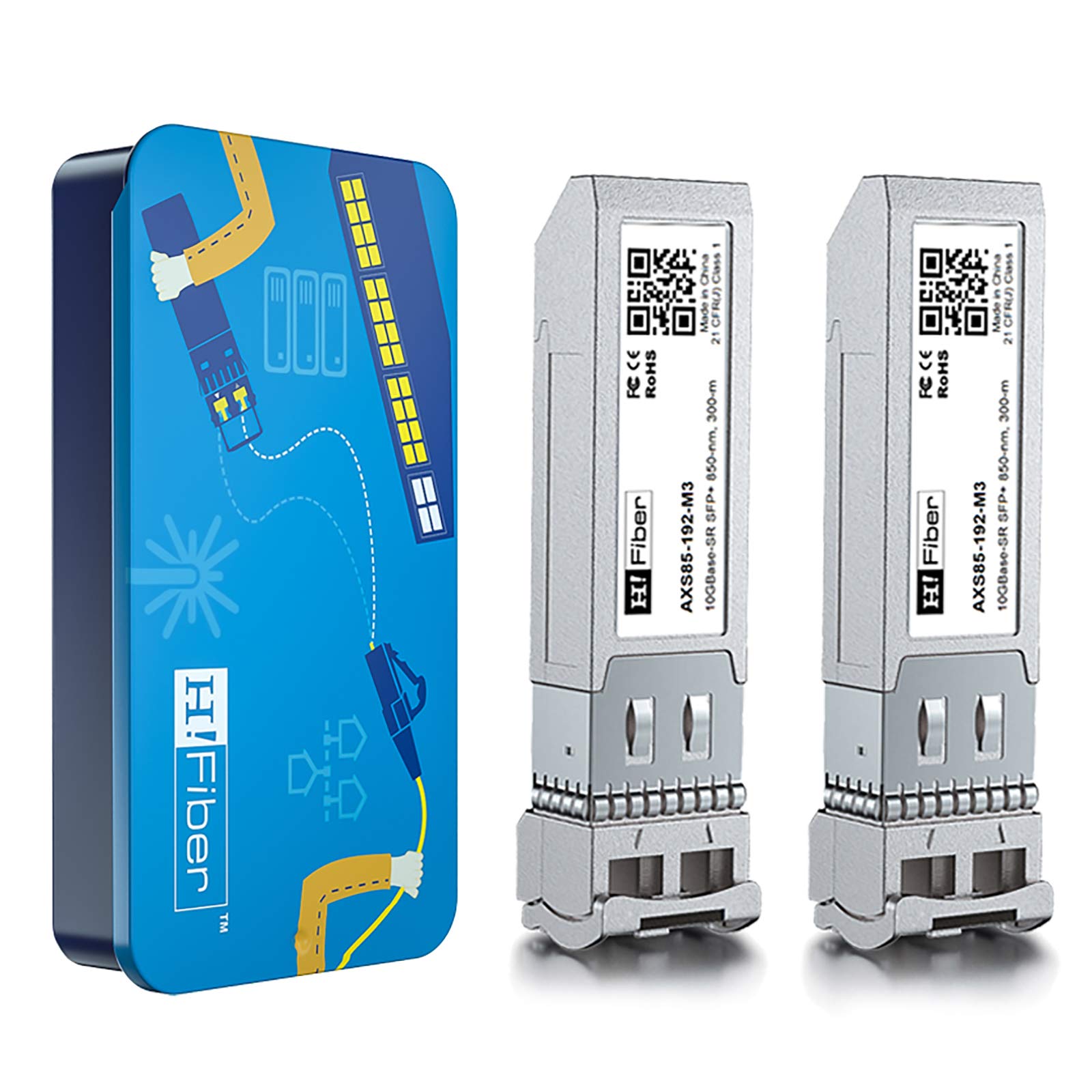 【2Pack】 H!Fiber.com 10Gb SFP+ Multimode Transceiver(300m, 850nm), 10Gbase SFP+ SR LC Module for Intel E10GSFPSR, Ubiquiti, Netgear