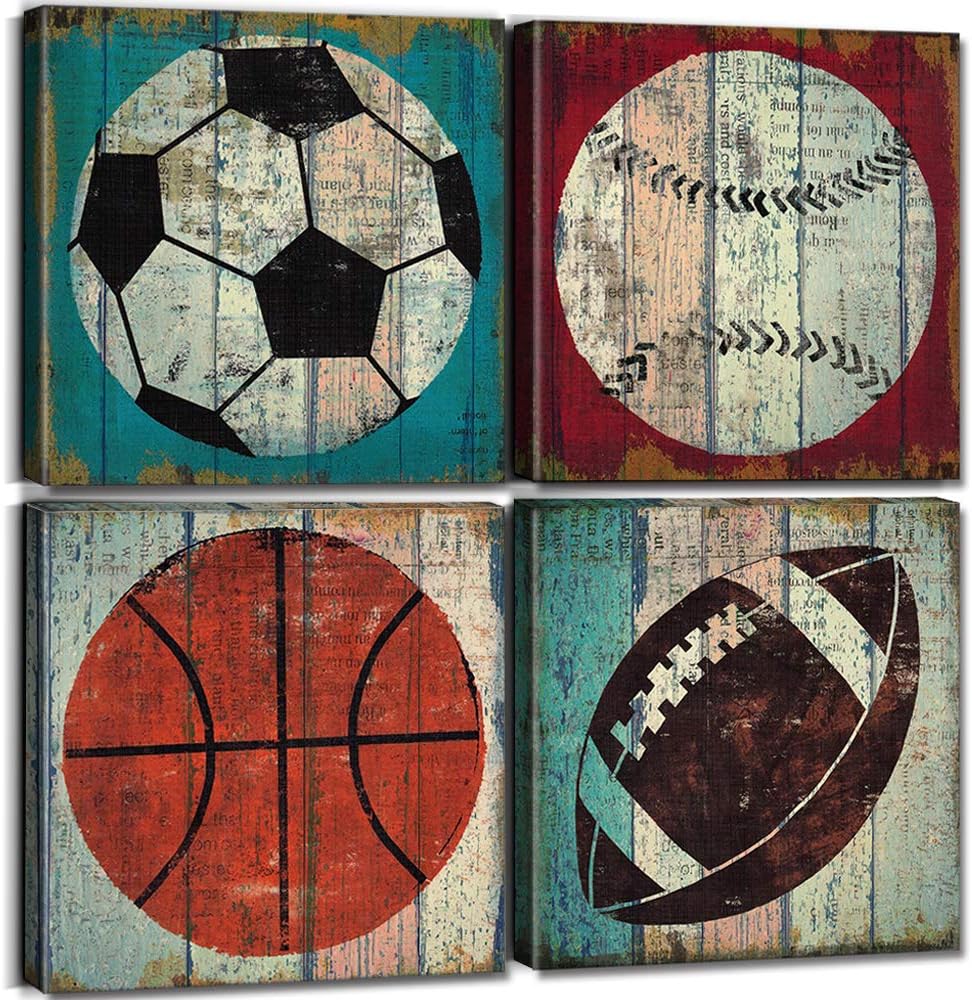 Wall Décor - Boys Room Decor Rustic Sports Decor for Boys Bedroom Vintage Soccer Football Baseball Basketball Wall Art Nursery Room Sports Pictures Kids Toddler Paintings Canvas Artwork Home Decorations 12x12