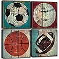 Sports Decor for Boys Room Wall Decor Vintage Baseball Soccer Pictures Kids Bedroom Wall Art Basketball Football Canvas Prints Artwork Toddler Nursery Playroom Living Room Home Decorations 12x12" 4Pcs