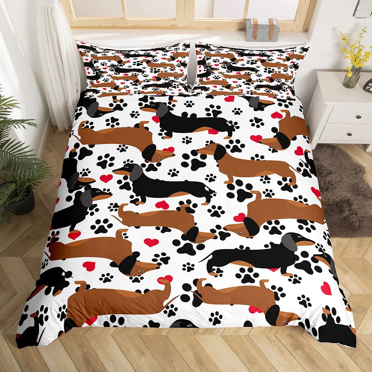 Dachshund Bedding Set for Girls Boys Kids Sausage Dog Comforter Cover Lovely Red Love Hearts Animal Paw Pattern Duvet Cover Room Decor Cute Pet Dog Bedspread Cover Single Bedding Collection 2Pcs
