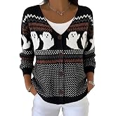 YDLMHHU Women Fall Winter Funny Graphic Knit Button Front Cardigan Sweater | Halloween Christmas Pattern Long Sleeve Open Front V Neck Cardigan Sweater Holiday Button Down Drop Shoulder Sweater