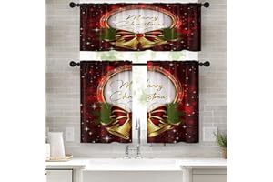Emvency Merry Christmas Kitchen Curtains Gold Bell Window Curtains and Valances Set 36 Inch, Happy New Year Short Tier Curtain for Kitchen, Small Kitchen Decor