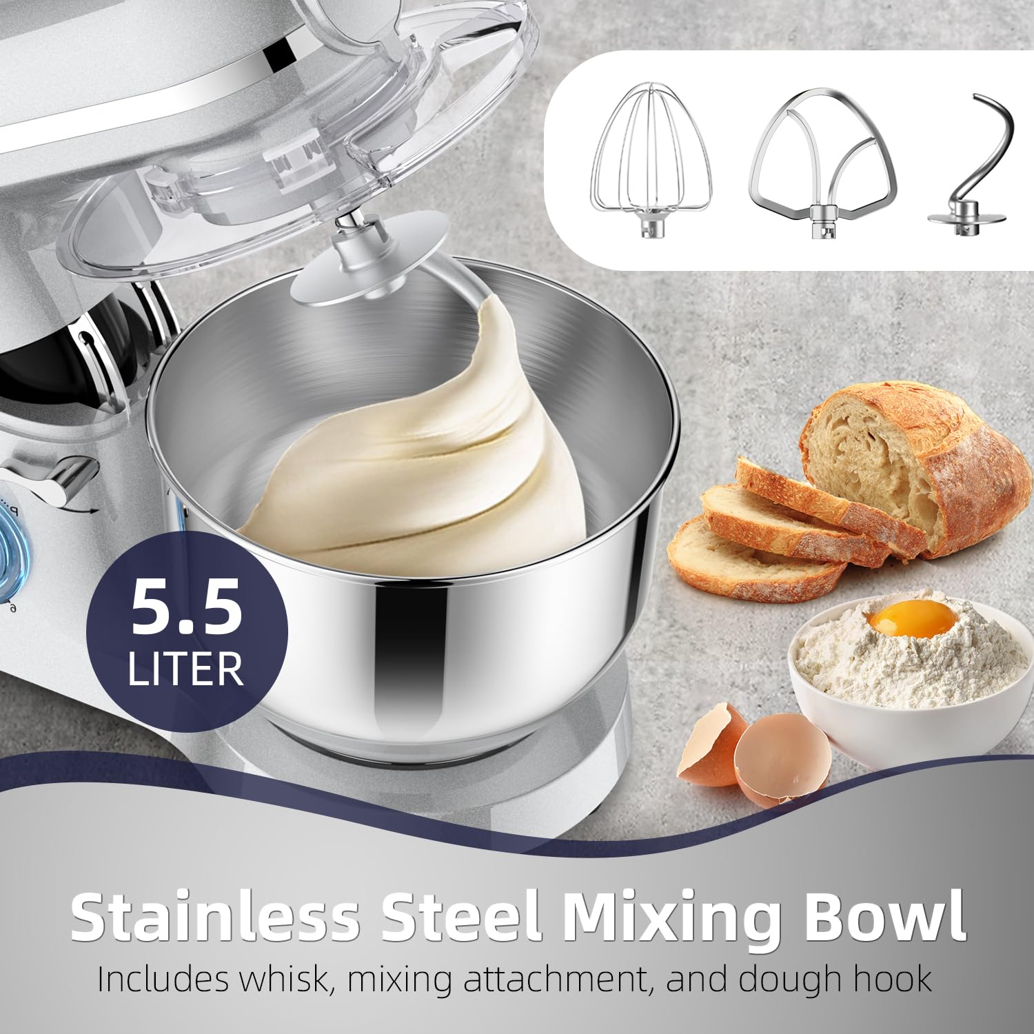 Homlee 3 in 1 Universal Küchenmaschine 2000W Multifunktionale Knetmaschine 6-stufige Gescheindigkeit Mixer, mit Fleischwolf, 1.5L Saftpresse, 5.5L Edelstahlschüssel knetmaschine 3