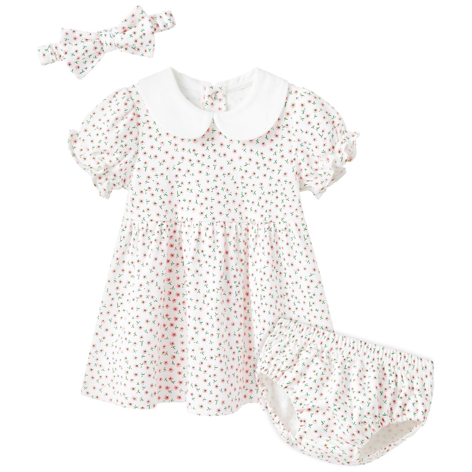 Photo 1 of pureborn Baby Girls Dress with Bloomer Peter-pan Collar Short Sleeve Cotton Dresses Playwear Dress with Headband Pink Flower 18-24 Months
