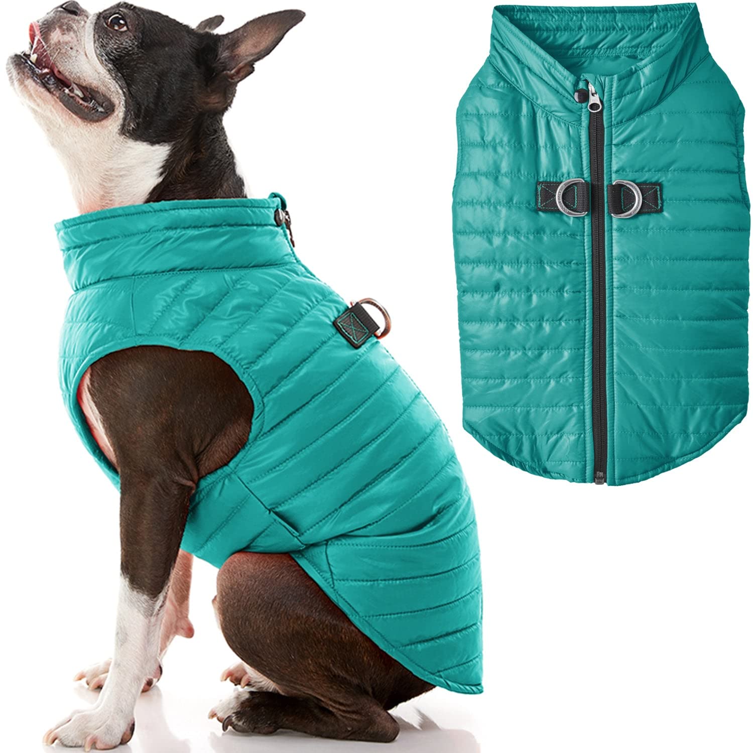 Gooby Puffer Vest Dog Jacket - Turquoise, X-Small - Ultra Thin Zip Up Wind Breaker with Dual D Ring Leash - Water Resistant Small Dog Sweater Coat - Dog Clothes for Small Dogs Boy or Medium Dogs