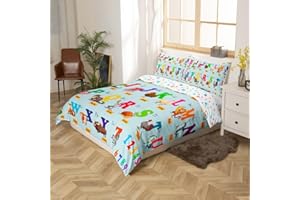 JEJELOIU Kids Educational Bedding Set Twin Size ABC Alphabet Numbers Bedding Duvet Cover Set For Boys Girls Toddler Cute Animal Decor Comforter Cover Set Fox Elephant Bedspread Cover Bedroom Quilt Cover 2Pcs