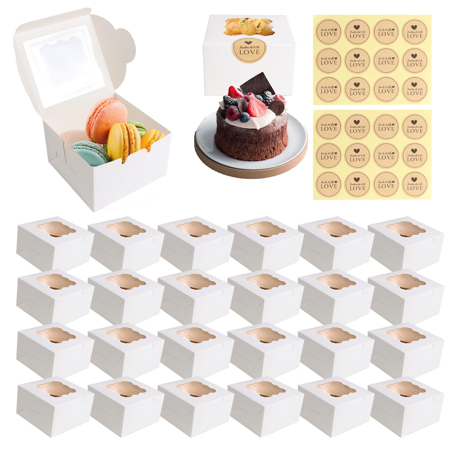 24PCS Cardboard Cake Boxes, 4 inch Cupcake Boxes with Windows and 24 Stickers Paper Bakery Cake Box for Cupcakes Desserts Pastries Cookies Candy Pies Muffin Bakery Macaron Gifts (White)