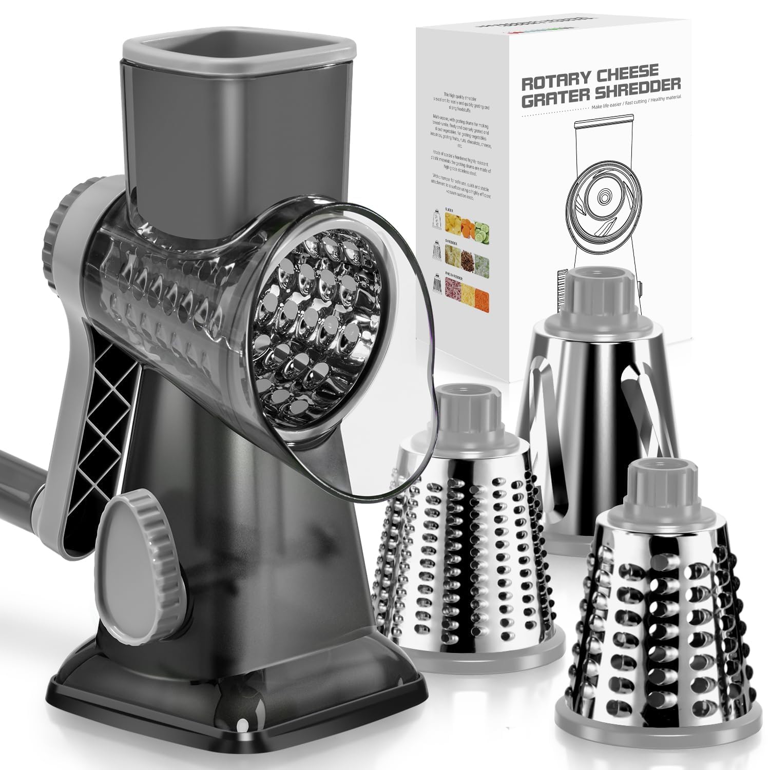 Photo 1 of ** PARTS ONLY ** 
KEOUKE Rotary Cheese Grater Hand Crank Transparent - Shredder Slicer Grinder 3 Stainless Steel Blades, Stable Suction, Labor-Saving Handle, Safe Kitchen Tool for Cheese, Vegetable, Nuts, Chocolate