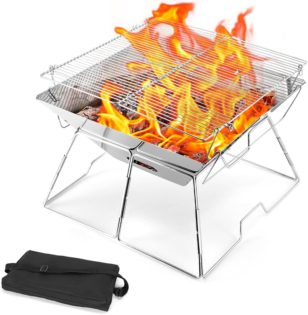 Odoland Portable Collapsible BBQ Fire Pit Stainless Steel Grill 43x43x31cm
